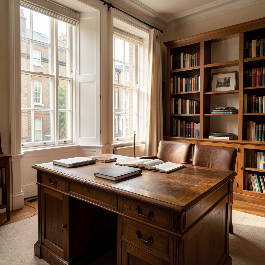 The Davenolt Gazette editorial office interior showing a wooden writing desk with notebooks, morning light through tall windows in a Bloomsbury townhouse