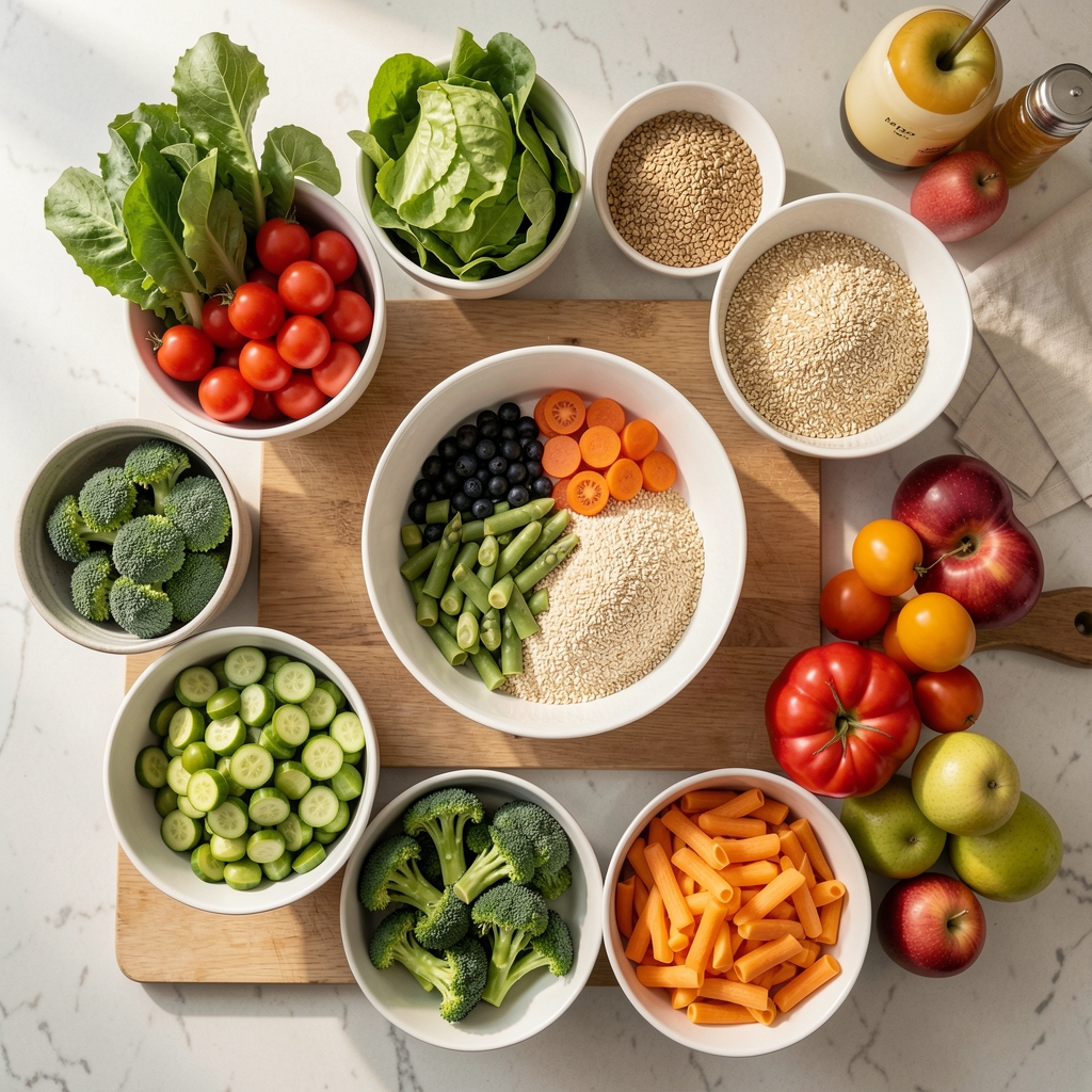Overhead view of a balanced meal preparation spread on a kitchen counter with fresh vegetables, grains, and colourful produce in natural light