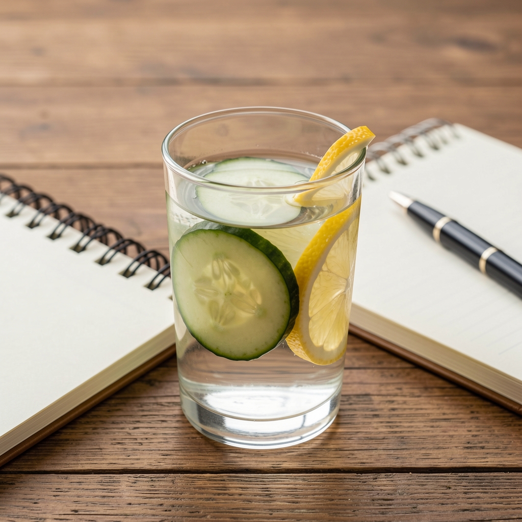 Glass of water with sliced cucumber and lemon on a wooden surface beside a notebook and pen, suggesting a daily hydration routine
