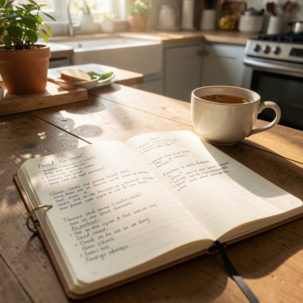 Open food journal on a kitchen table with handwritten meal entries, a cup of herbal tea, and morning sunlight streaming across the page