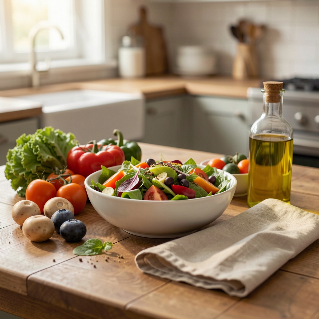 Wooden kitchen table with a fresh seasonal salad bowl, colourful vegetables, olive oil and linen napkin in soft morning light