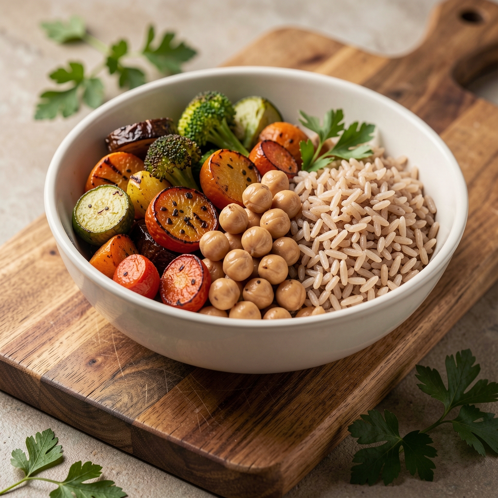 Close-up of a meal prep bowl containing roasted seasonal vegetables, chickpeas, and brown rice on a wooden board with fresh herbs