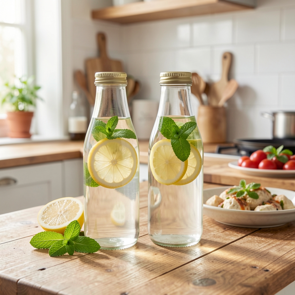 Two glass bottles of water with lemon slices and fresh mint on a wooden kitchen worktop beside a meal preparation area in bright natural light
