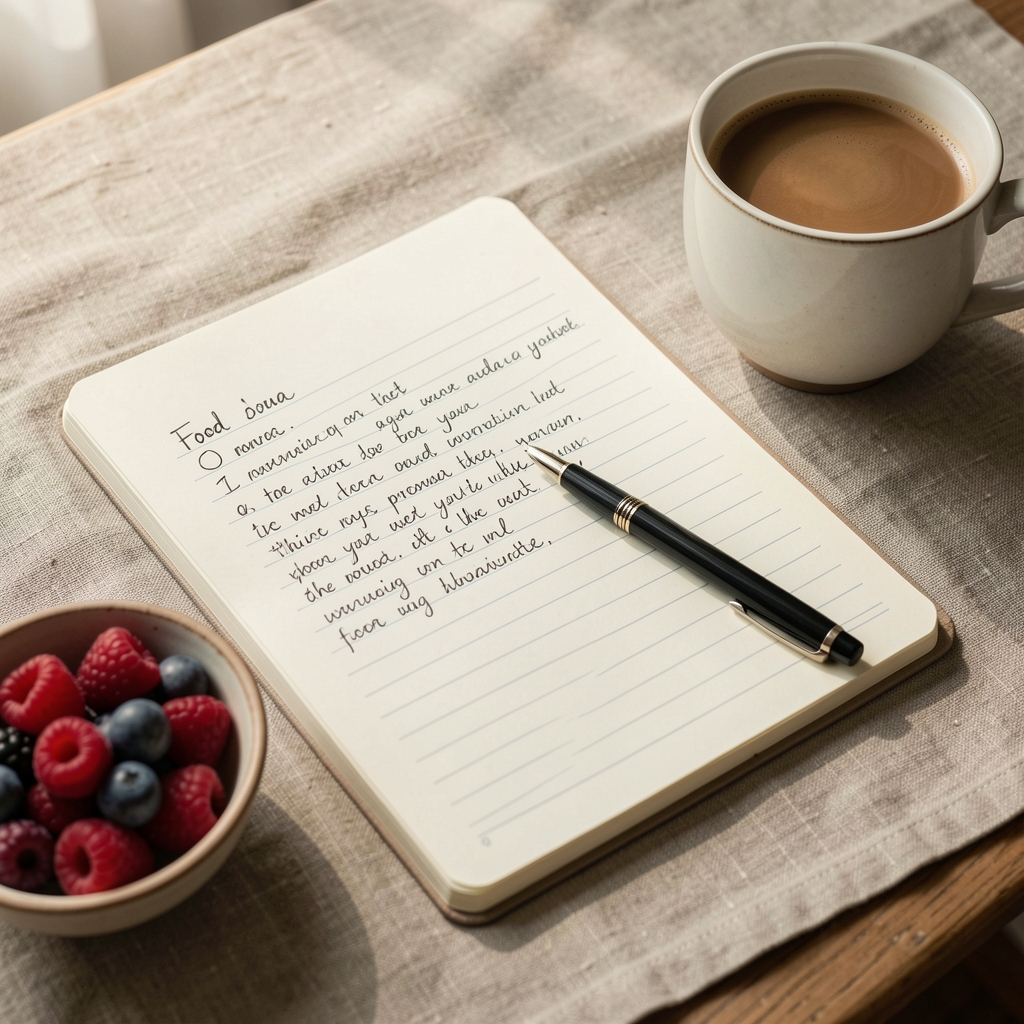 Close-up of a handwritten food journal page with a pen resting on top, beside a small bowl of fresh berries and a morning coffee on a linen tablecloth